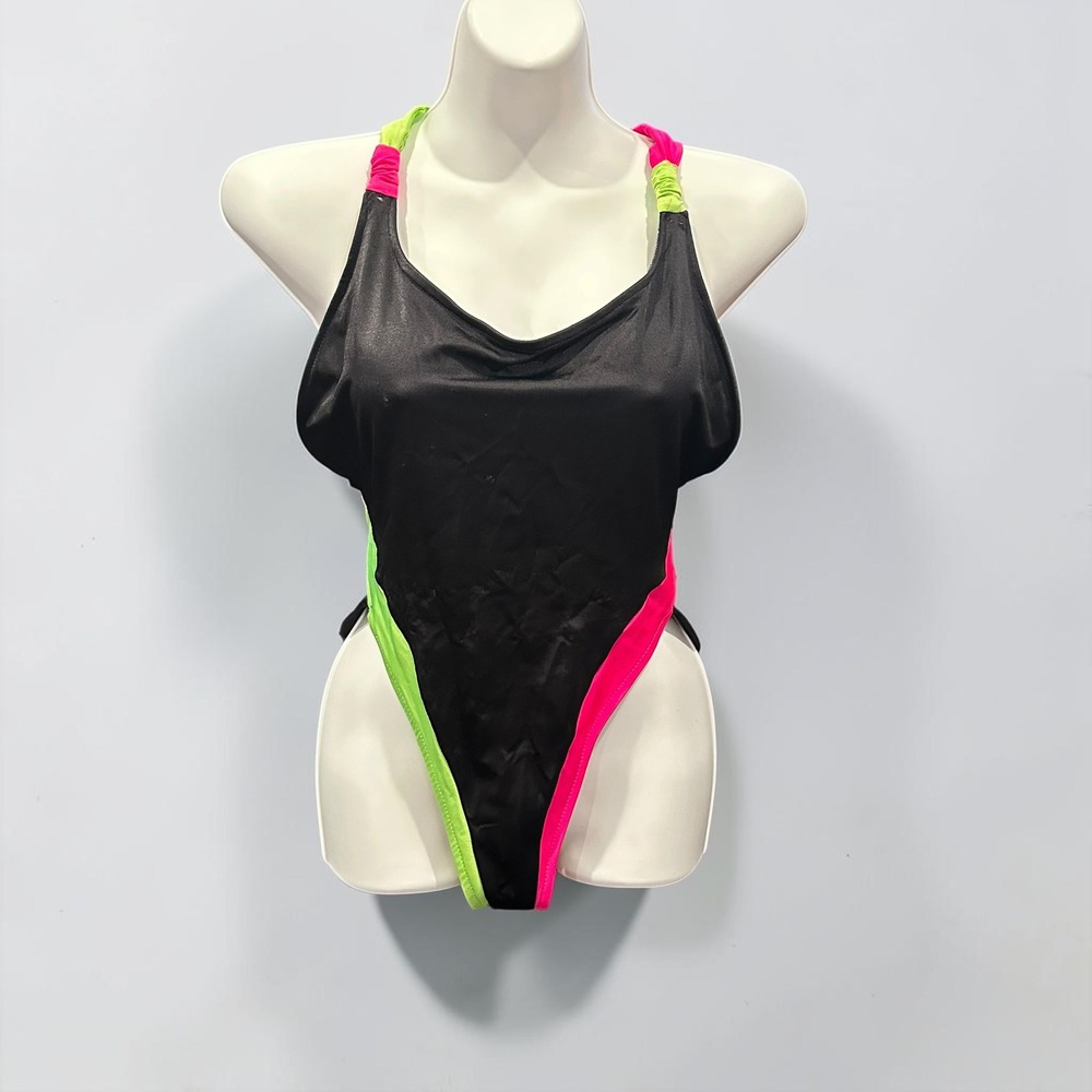Ocean Pacific Vintage 80s High Cut One Piece Swimsuit Neon Black Pink 13/14
